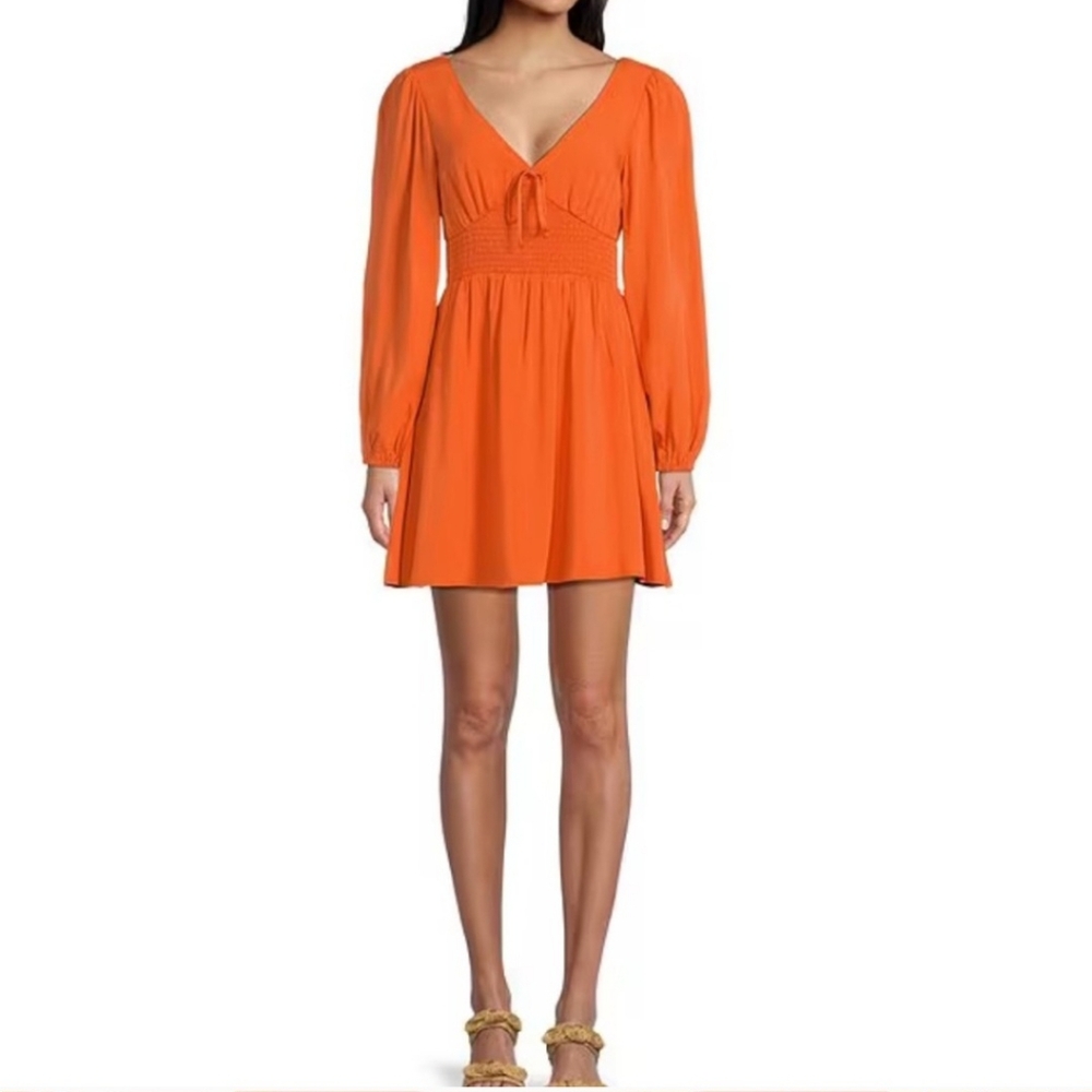 Copper Key Vibrant Groovy Orange Summer Party V-Neck Long Sleeve Mini Dress Larg